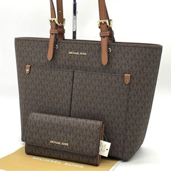 Michael Kors Double Packet Tote Bag & Trifold Wallet Brown - Picture 2 of 11